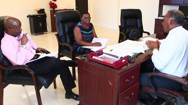 Premier of Nevis Hon. Vance Amory at a meeting with Principal Education Officer Palsy Wilkin and Permanent Secretary in the Ministry of Education Wakely Daniel at his Pinney’s Estate office on February 03, 3017